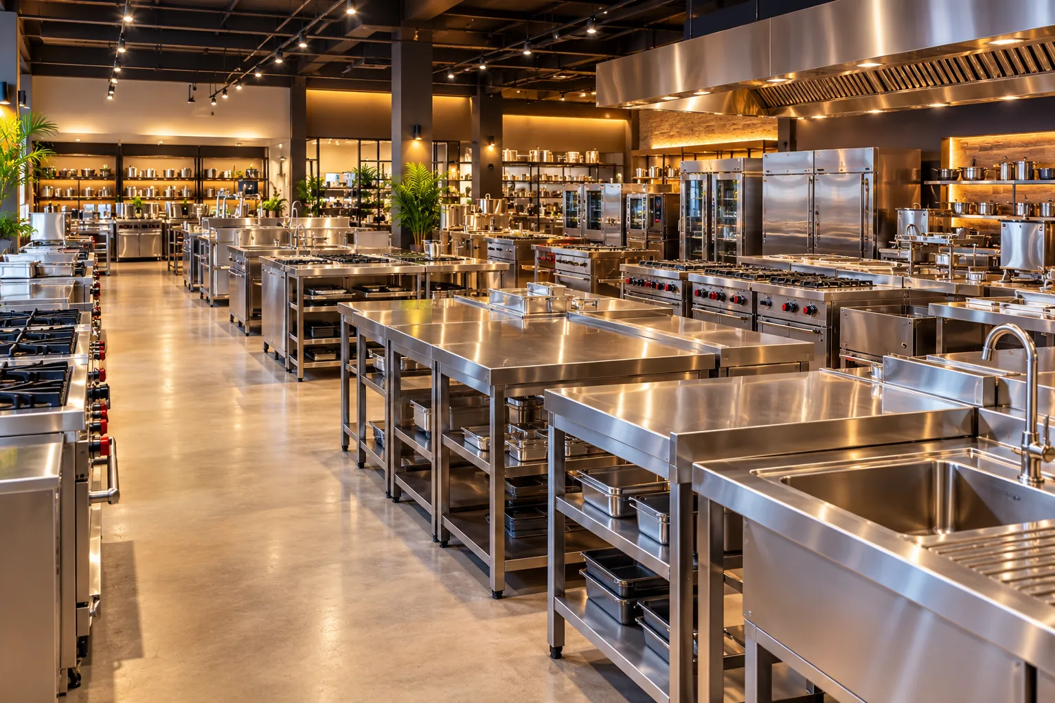 Showroom floor with stainless-steel work tables, sinks, ranges and refrigerators