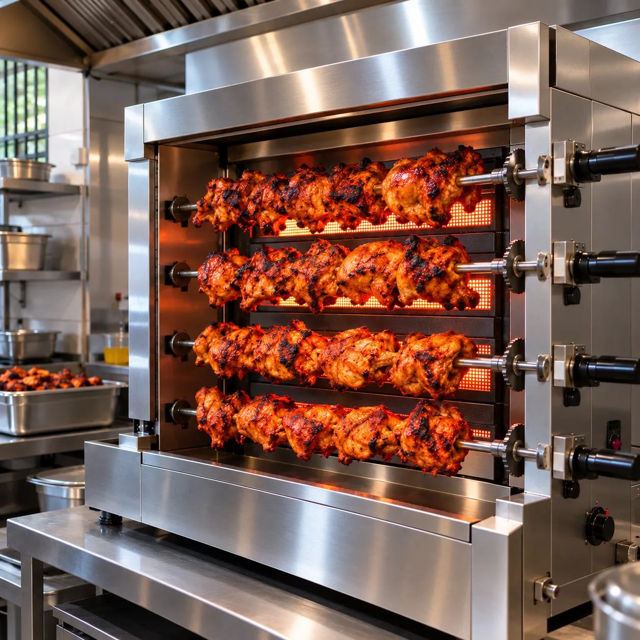 Al faham machine with rows of grilled chicken on rotating skewers