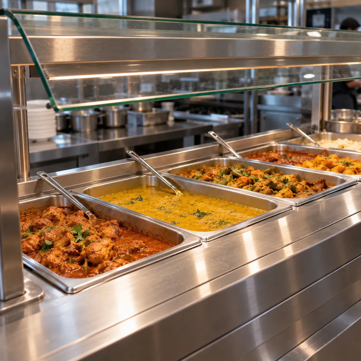 Bain-marie holding trays of curries under a glass sneeze guard