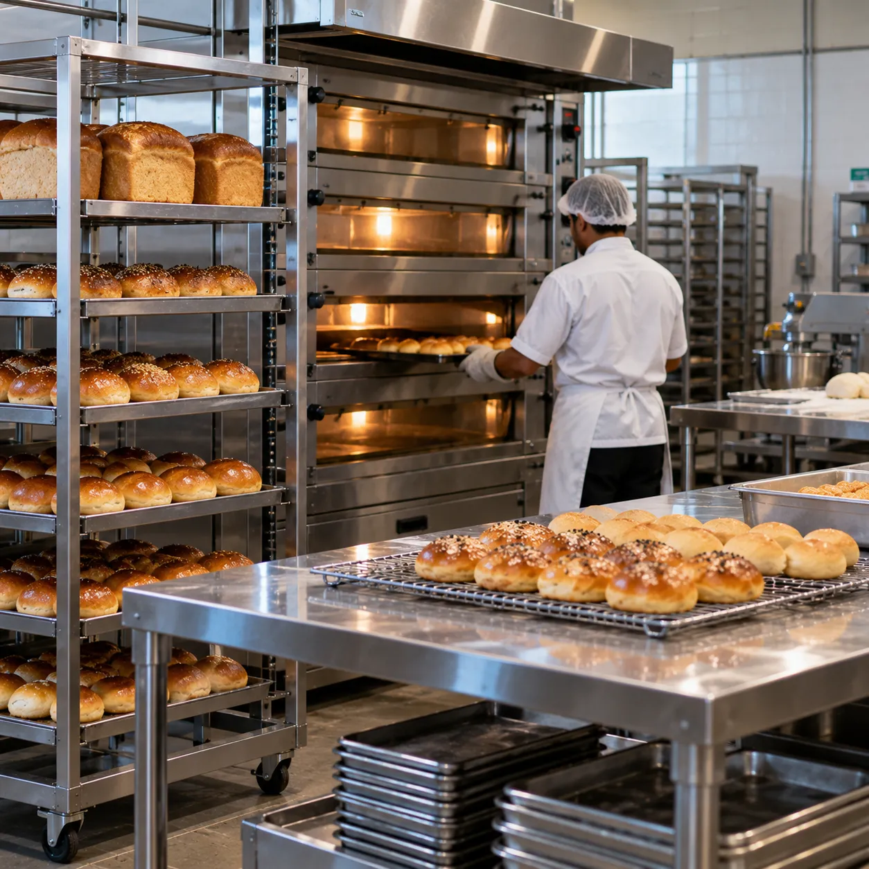 Baker loading an oven beside racks of fresh bread