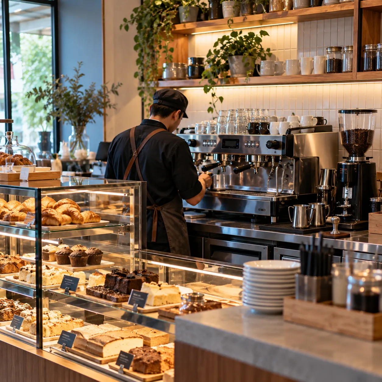 Barista at an espresso machine behind a pastry display counter