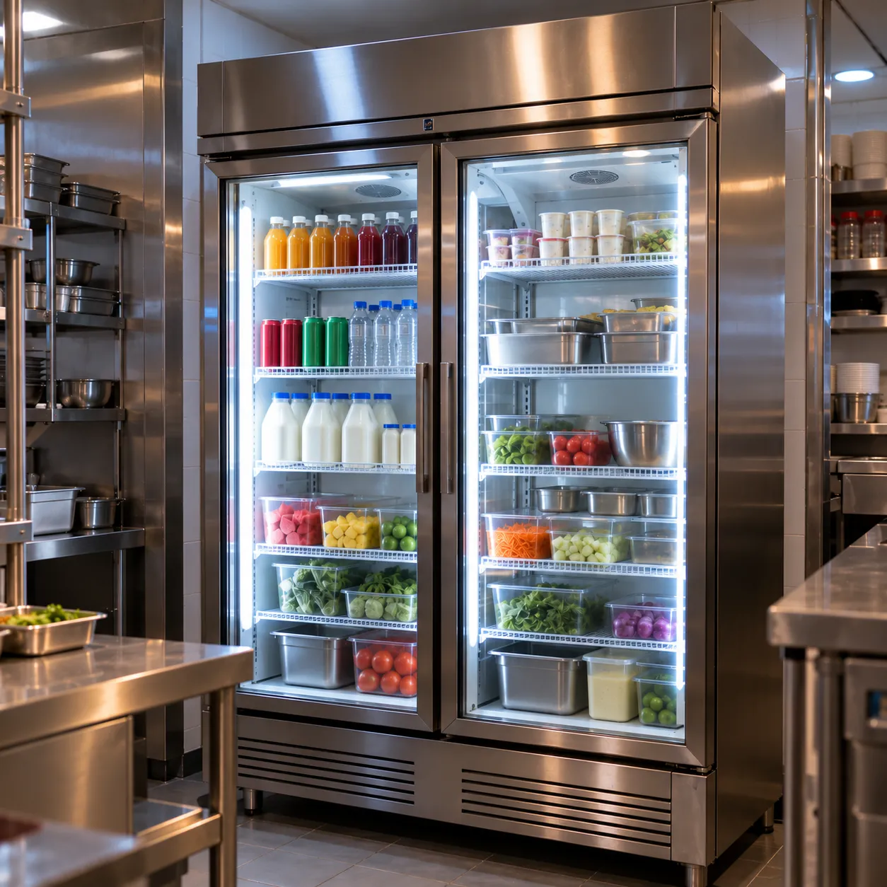 Two-door glass commercial fridge stocked with drinks and ingredients