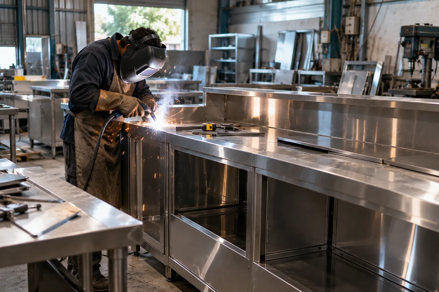 Welder fabricating a stainless-steel counter in a workshop
