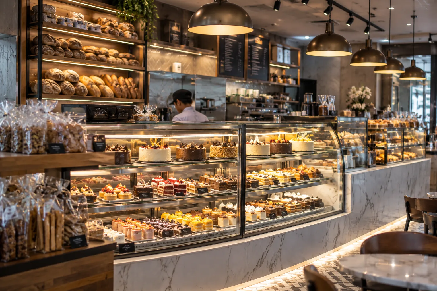 Bakery café with illuminated glass display counters of cakes and pastries
