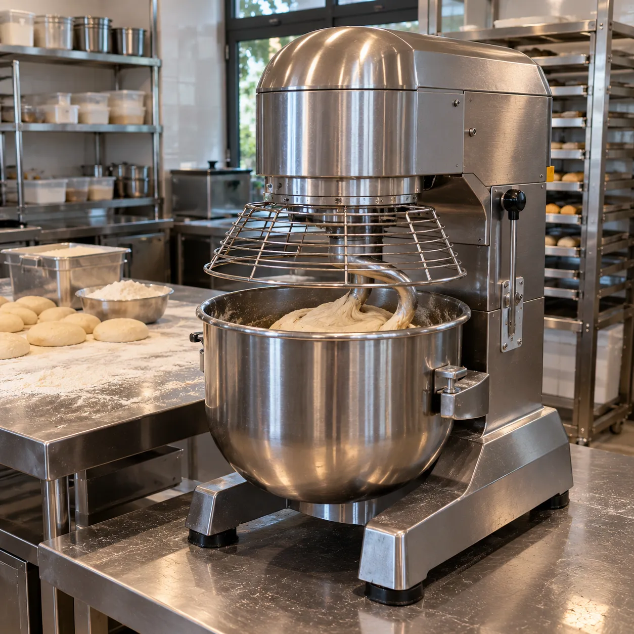 Stainless-steel commercial dough mixer kneading dough