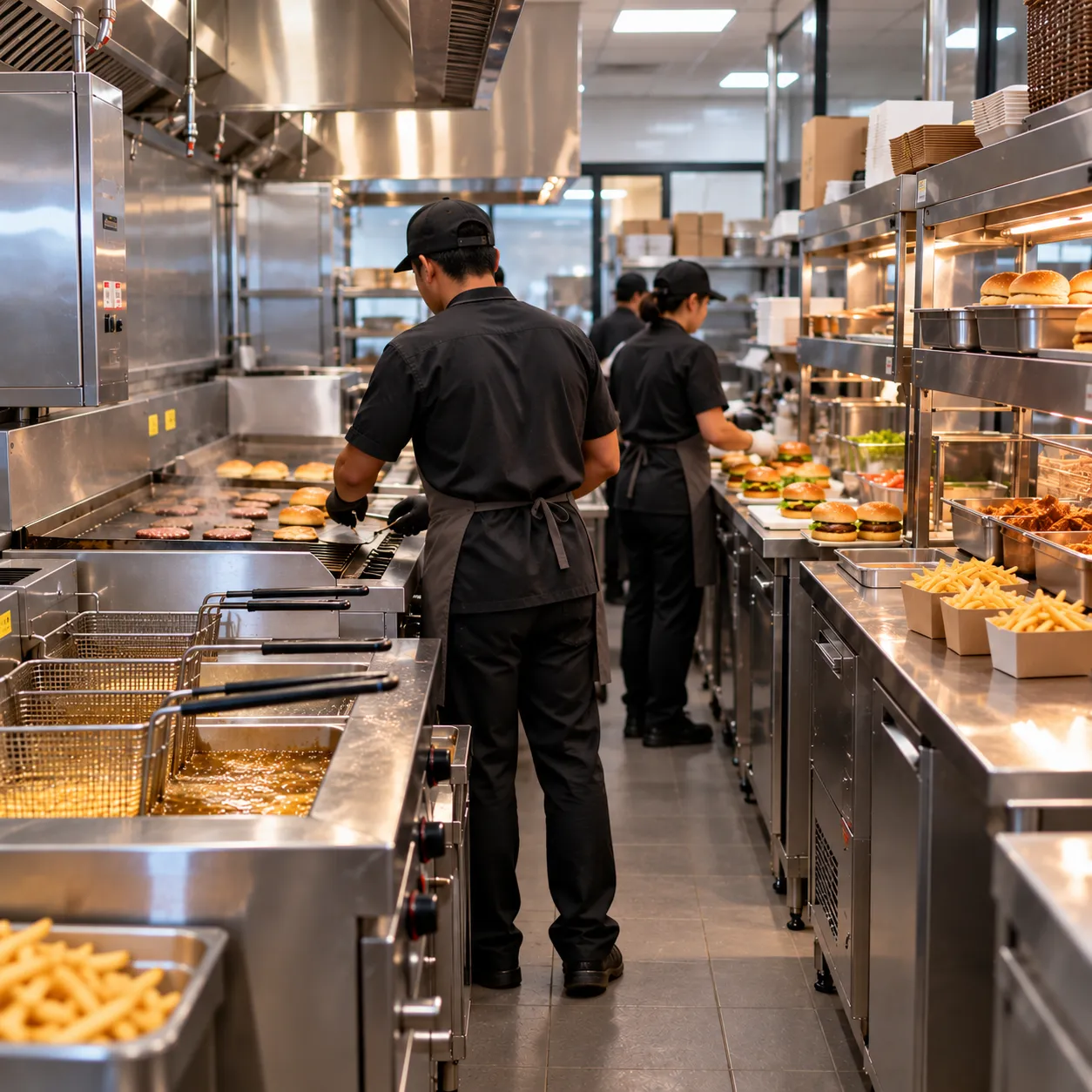 Fast-food kitchen staff working at fryers and prep counters