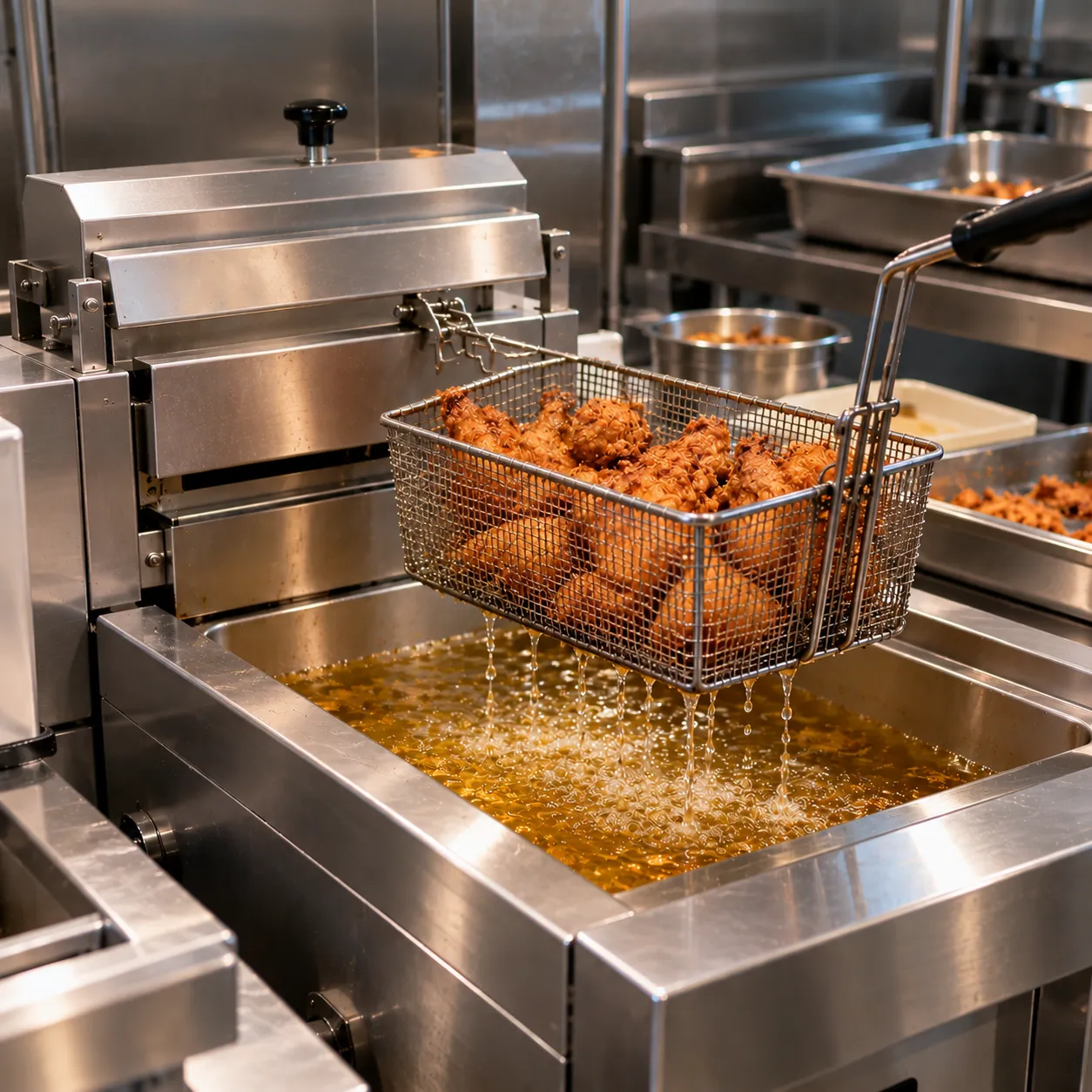 Commercial fryer with a basket of fried chicken lifted from the oil