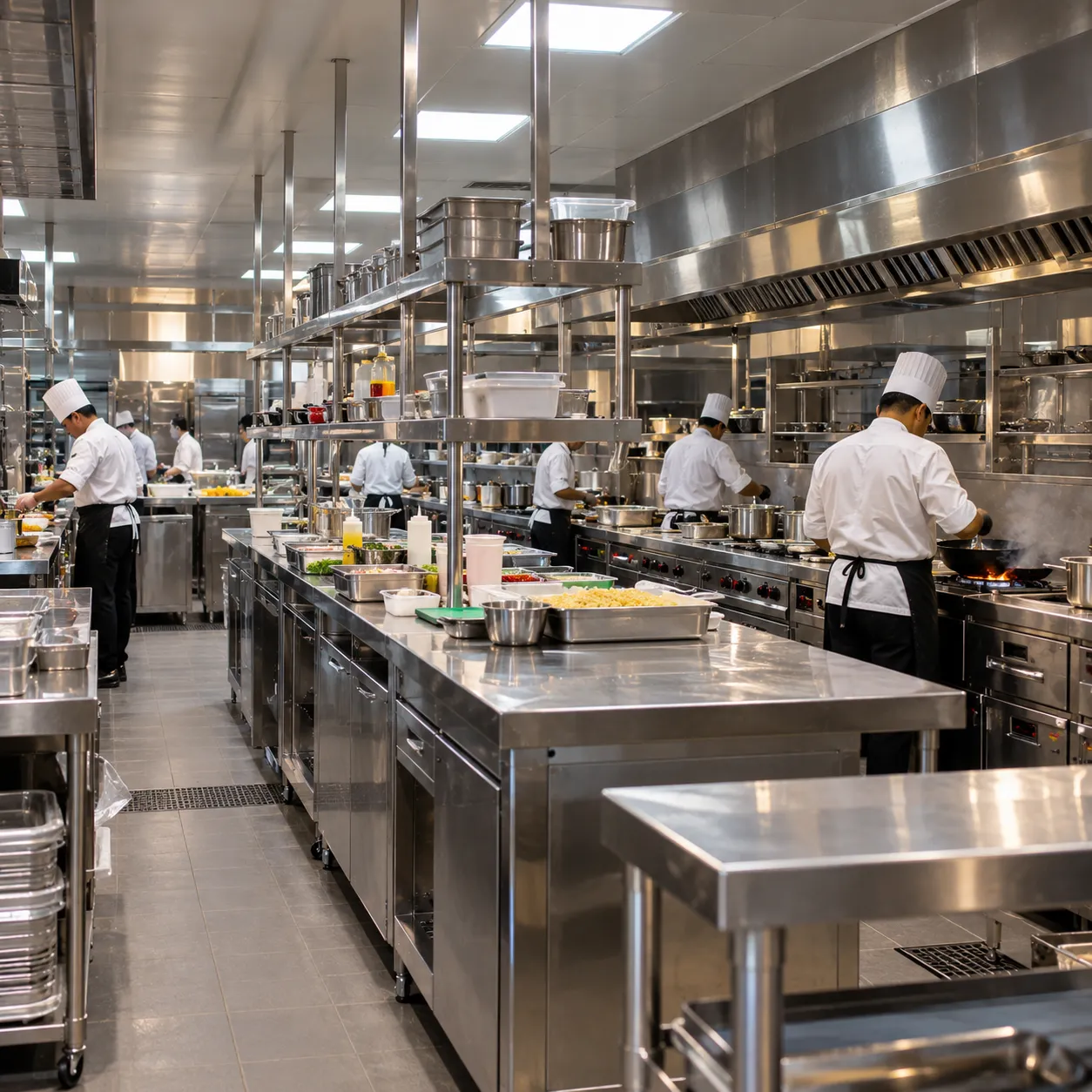 Chefs working in a large stainless-steel hotel kitchen