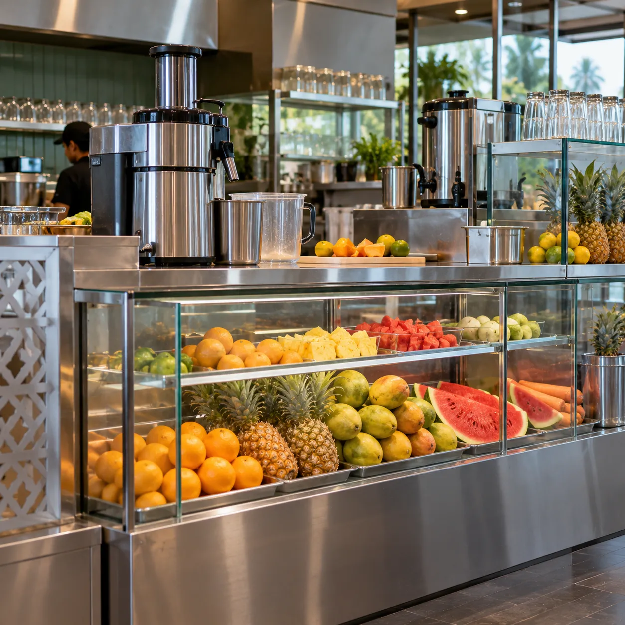 Juice counter with a glass fruit display and juicer