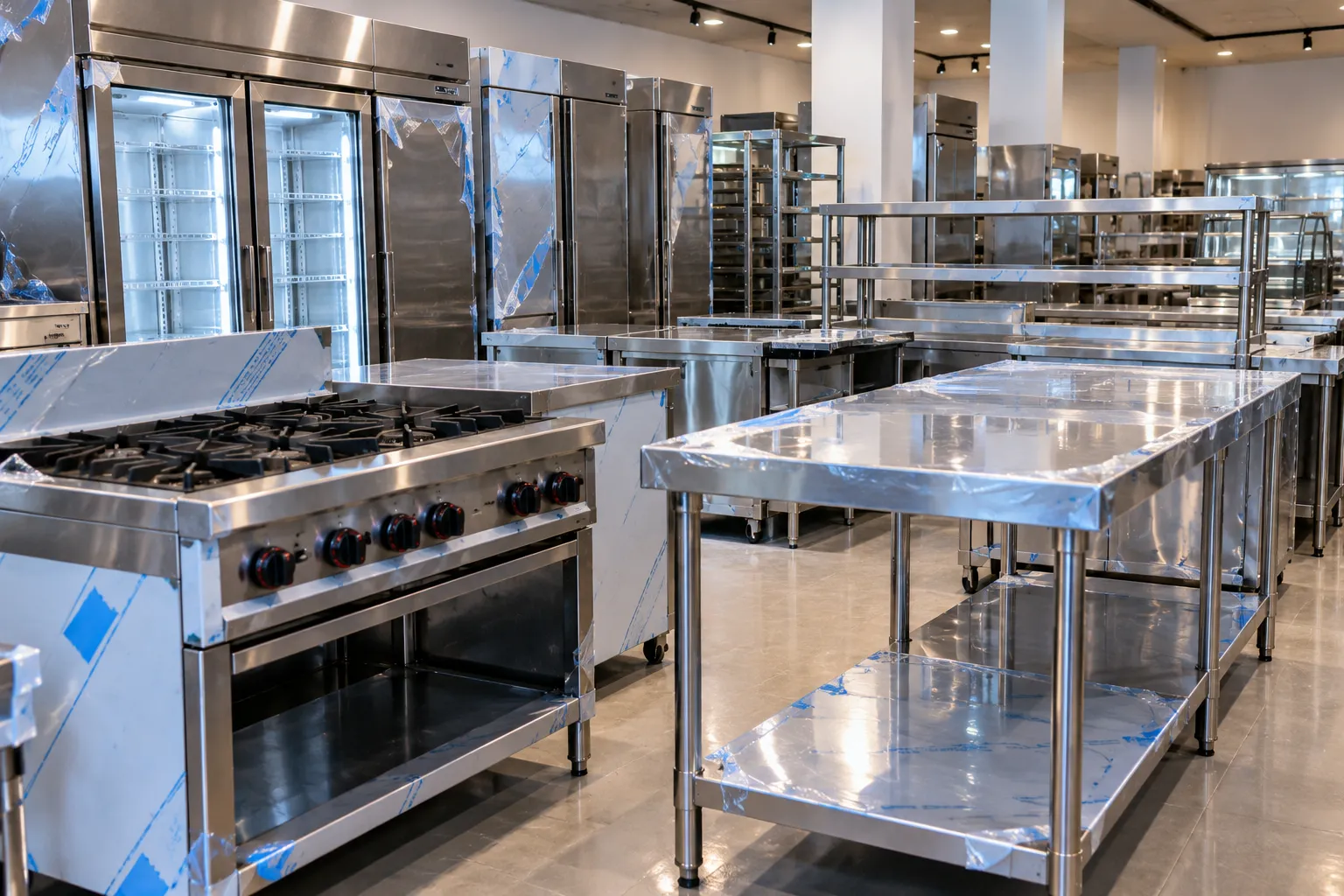 New stainless-steel ranges, work tables and refrigerators in a showroom