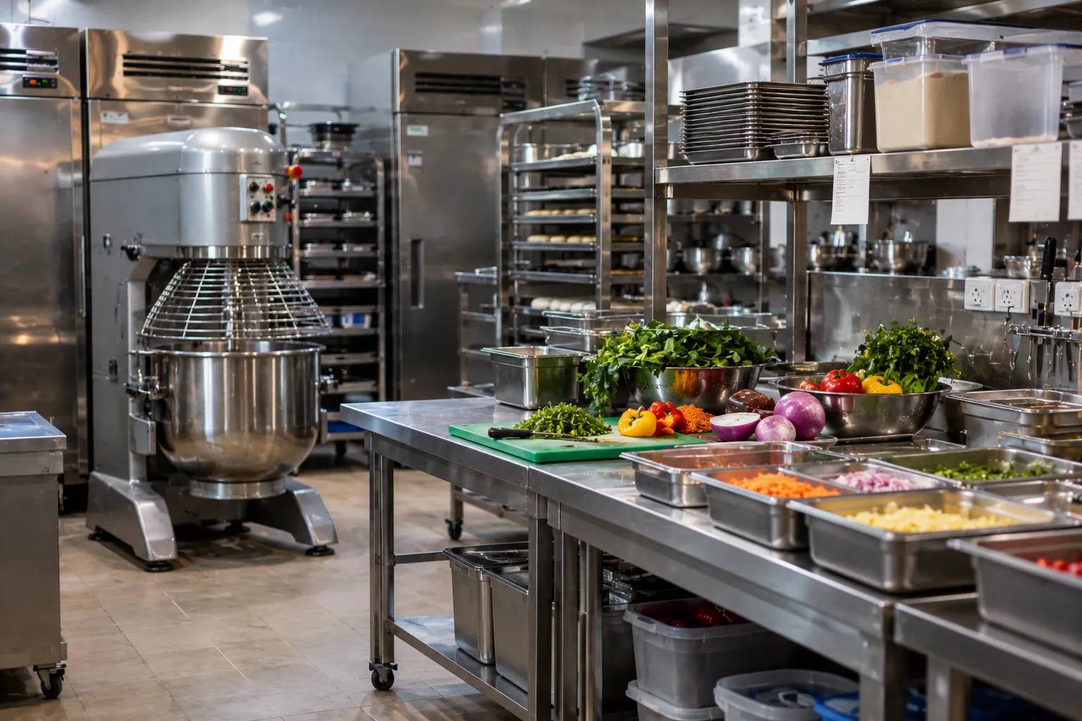 Preparation area with a planetary mixer and stainless-steel tables of fresh ingredients
