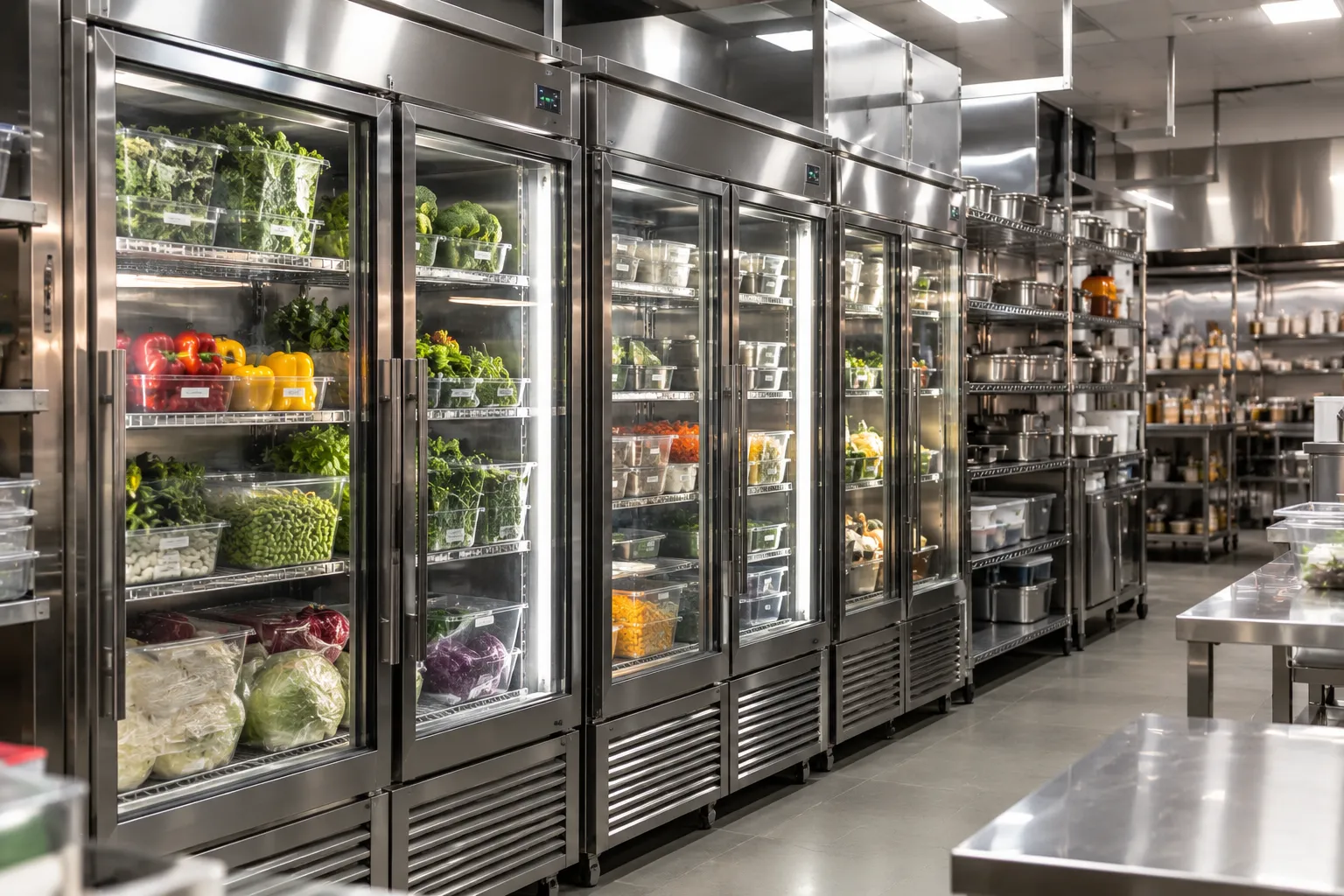 Row of glass-door commercial refrigerators beside storage shelving
