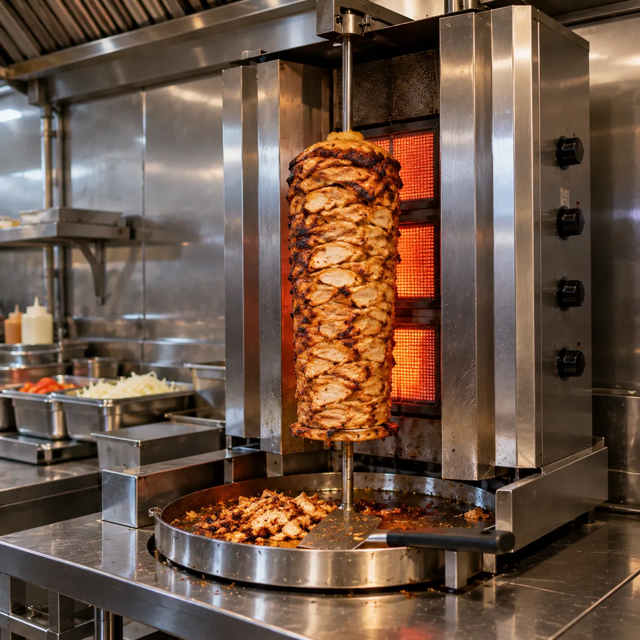 Vertical shawarma machine with a chicken cone and glowing burners