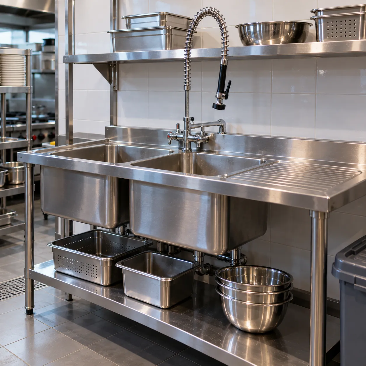 Double-bowl stainless-steel sink table with pull-down tap and undershelf
