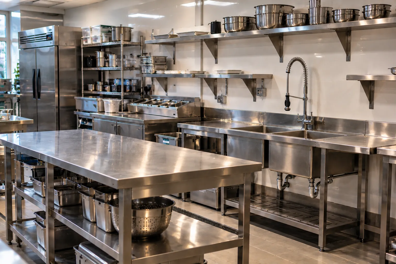 Stainless-steel work table, sinks and wall shelving in a commercial kitchen