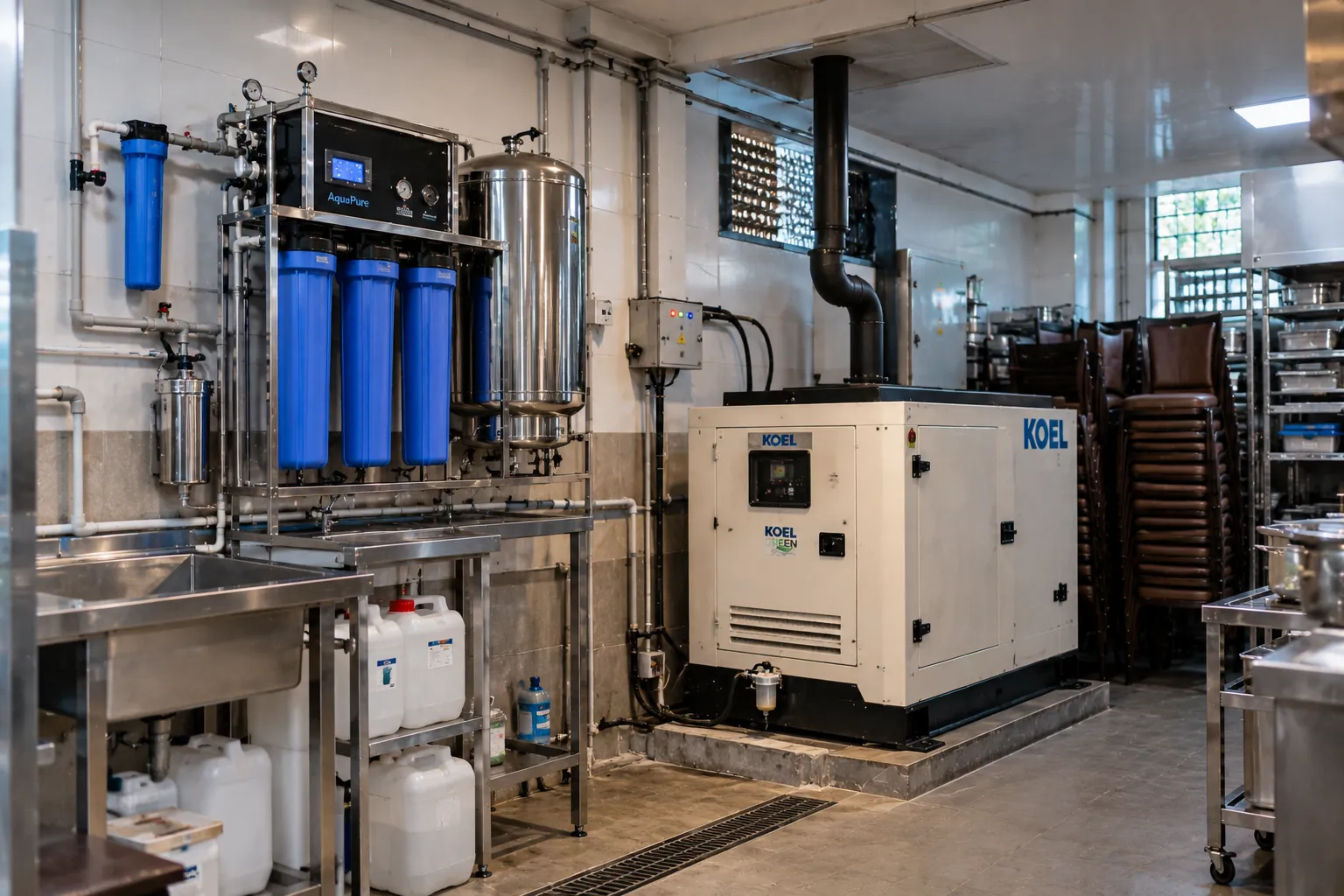Water filtration unit, generator and sink in a kitchen utility area