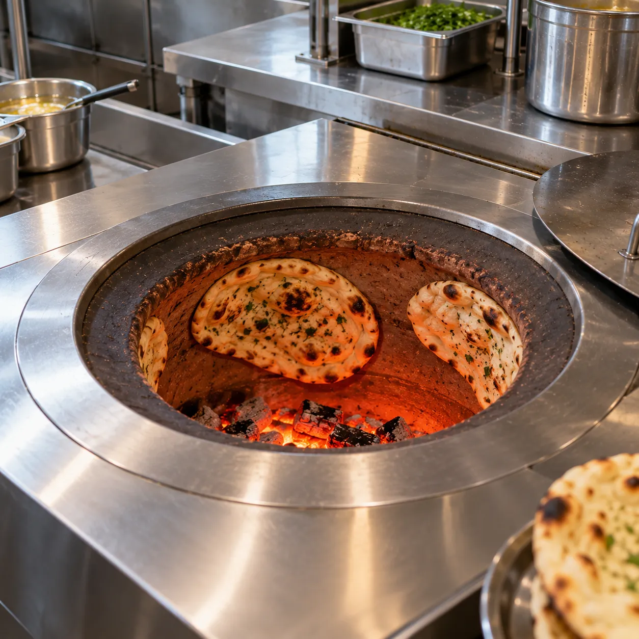 Tandoor oven with naan baking on its inner wall