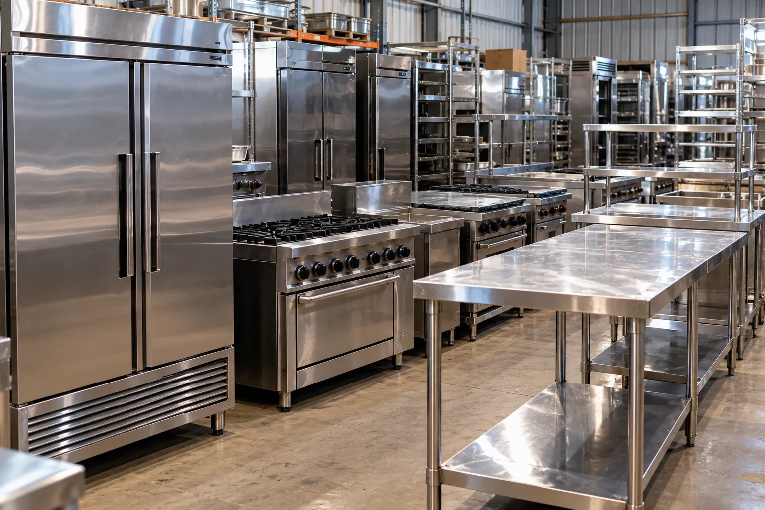 Used commercial refrigerators, ranges and work tables in a warehouse